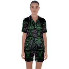 Fractal Green Black 3d Art Floral Pattern Satin Short Sleeve Pajamas Set