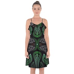 Fractal Green Black 3d Art Floral Pattern Ruffle Detail Chiffon Dress