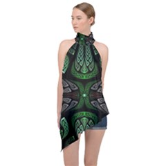 Fractal Green Black 3d Art Floral Pattern Halter Asymmetric Satin Top