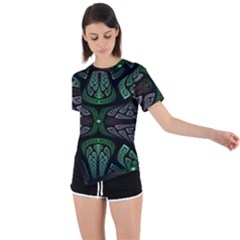 Fractal Green Black 3d Art Floral Pattern Asymmetrical Short Sleeve Sports T-shirt