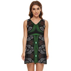 Fractal Green Black 3d Art Floral Pattern Tiered Sleeveless Mini Dress