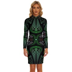 Fractal Green Black 3d Art Floral Pattern Long Sleeve Shirt Collar Bodycon Dress