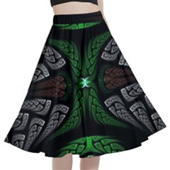 Fractal Green Black 3d Art Floral Pattern A-line Full Circle Midi Skirt With Pocket