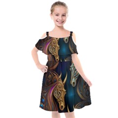 Pattern With Horses Kids  Cut Out Shoulders Chiffon Dress