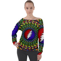 Grateful Dead Bear Pattern Off Shoulder Long Sleeve Velour Top