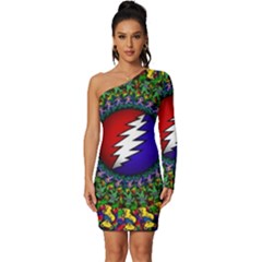 Grateful Dead Bear Pattern Long Sleeve One Shoulder Mini Dress