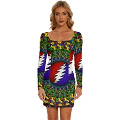 Grateful Dead Bear Pattern Long Sleeve Square Neck Bodycon Velvet Dress