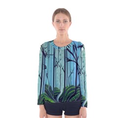 Nature Outdoors Night Trees Scene Forest Woods Light Moonlight Wilderness Stars Women s Long Sleeve T-shirt