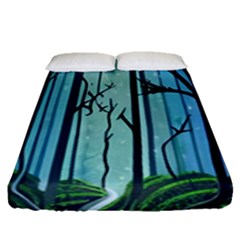 Nature Outdoors Night Trees Scene Forest Woods Light Moonlight Wilderness Stars Fitted Sheet (queen Size)