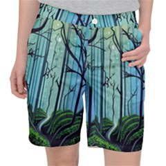 Nature Outdoors Night Trees Scene Forest Woods Light Moonlight Wilderness Stars Women s Pocket Shorts