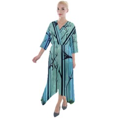 Nature Outdoors Night Trees Scene Forest Woods Light Moonlight Wilderness Stars Quarter Sleeve Wrap Front Maxi Dress