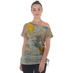 Vintage World Map Off Shoulder Tie-up T-shirt