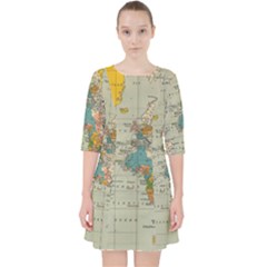 Vintage World Map Quarter Sleeve Pocket Dress