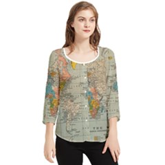 Vintage World Map Chiffon Quarter Sleeve Blouse