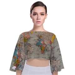 Vintage World Map Tie Back Butterfly Sleeve Chiffon Top