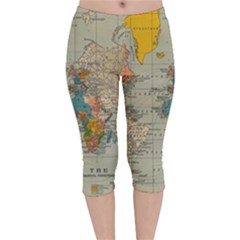 Vintage World Map Velvet Capri Leggings 