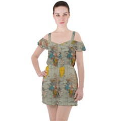 Vintage World Map Ruffle Cut Out Chiffon Playsuit