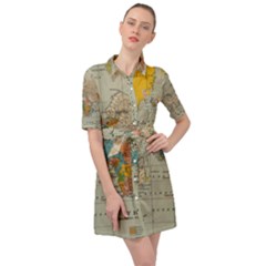 Vintage World Map Belted Shirt Dress