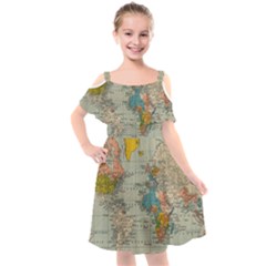 Vintage World Map Kids  Cut Out Shoulders Chiffon Dress