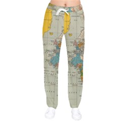 Vintage World Map Women Velvet Drawstring Pants