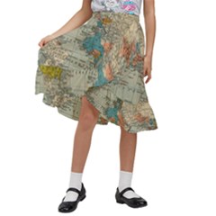 Vintage World Map Kids  Ruffle Flared Wrap Midi Skirt