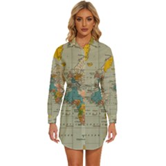 Vintage World Map Womens Long Sleeve Shirt Dress