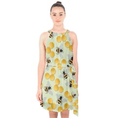 Bees Pattern Honey Bee Bug Honeycomb Honey Beehive Halter Collar Waist Tie Chiffon Dress