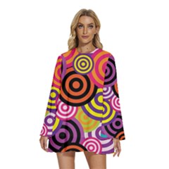 Abstract Circles Background Retro Round Neck Long Sleeve Bohemian Style Chiffon Mini Dress