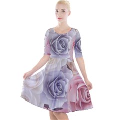 Pastel Rose  Flower Blue Pink White Quarter Sleeve A-line Dress