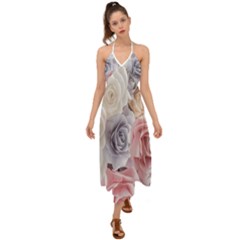 Pastel Rose  Flower Blue Pink White Halter Tie Back Dress 