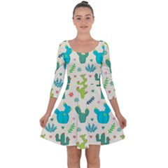 Cactus Succulents Floral Seamless Pattern Quarter Sleeve Skater Dress