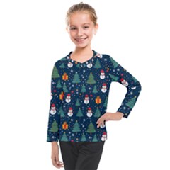 Snow Snowman Tree Christmas Tree Kids  Long Mesh T-shirt