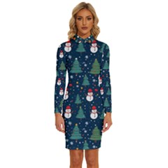 Snow Snowman Tree Christmas Tree Long Sleeve Shirt Collar Bodycon Dress