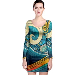 Waves Ocean Sea Abstract Whimsical Abstract Art 3 Long Sleeve Bodycon Dress