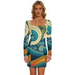 Waves Ocean Sea Abstract Whimsical Abstract Art 3 Long Sleeve Square Neck Bodycon Velvet Dress