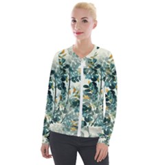 Vintage Retro Flowers Leaves Foliage Plants Velvet Zip Up Jacket