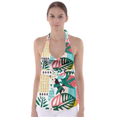 Abstract Seamless Pattern With Tropical Leaves Tie Back Tankini Top