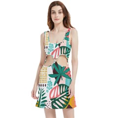 Abstract Seamless Pattern With Tropical Leaves Velour Cutout Dress