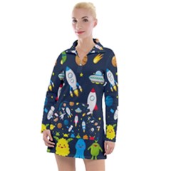 Big Set Cute Astronauts Space Planets Stars Aliens Rockets Ufo Constellations Satellite Moon Rover V Women s Long Sleeve Casual Dress by Bedest