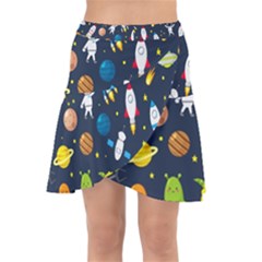 Big Set Cute Astronauts Space Planets Stars Aliens Rockets Ufo Constellations Satellite Moon Rover V Wrap Front Skirt