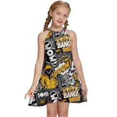 Boom Bang Art Crazy Drawing Graffiti Hello Retro Sayings Yellow Kids  Halter Collar Waist Tie Chiffon Dress