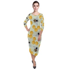 Bees Pattern Honey Bee Bug Honeycomb Honey Beehive Quarter Sleeve Midi Velour Bodycon Dress