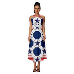 Patriotic Symbolic Red White Blue Sleeveless Cross Front Cocktail Midi Chiffon Dress by Ravend