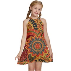 Bright Seamless Pattern With Paisley Mehndi Elements Hand Drawn Wallpaper With Floral Traditional In Kids  Halter Collar Waist Tie Chiffon Dress