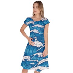 Storm Waves Seamless Pattern Raging Ocean Water Sea Wave Vintage Japanese Storms Print Illustration Classic Short Sleeve Dress