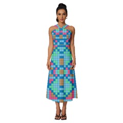 Checkerboard Square Abstract Sleeveless Cross Front Cocktail Midi Chiffon Dress