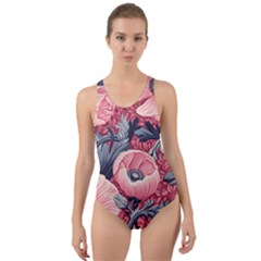 Vintage Floral Poppies Cut-out Back One Piece Swimsuit