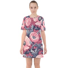 Vintage Floral Poppies Sixties Short Sleeve Mini Dress