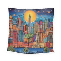 City New York Nyc Skyscraper Skyline Downtown Night Business Urban Travel Landmark Building Architec Square Tapestry (small)