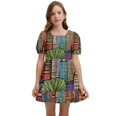 City New York Nyc Skyscraper Skyline Downtown Night Business Urban Travel Landmark Building Architec Kids  Short Sleeve Dolly Dress